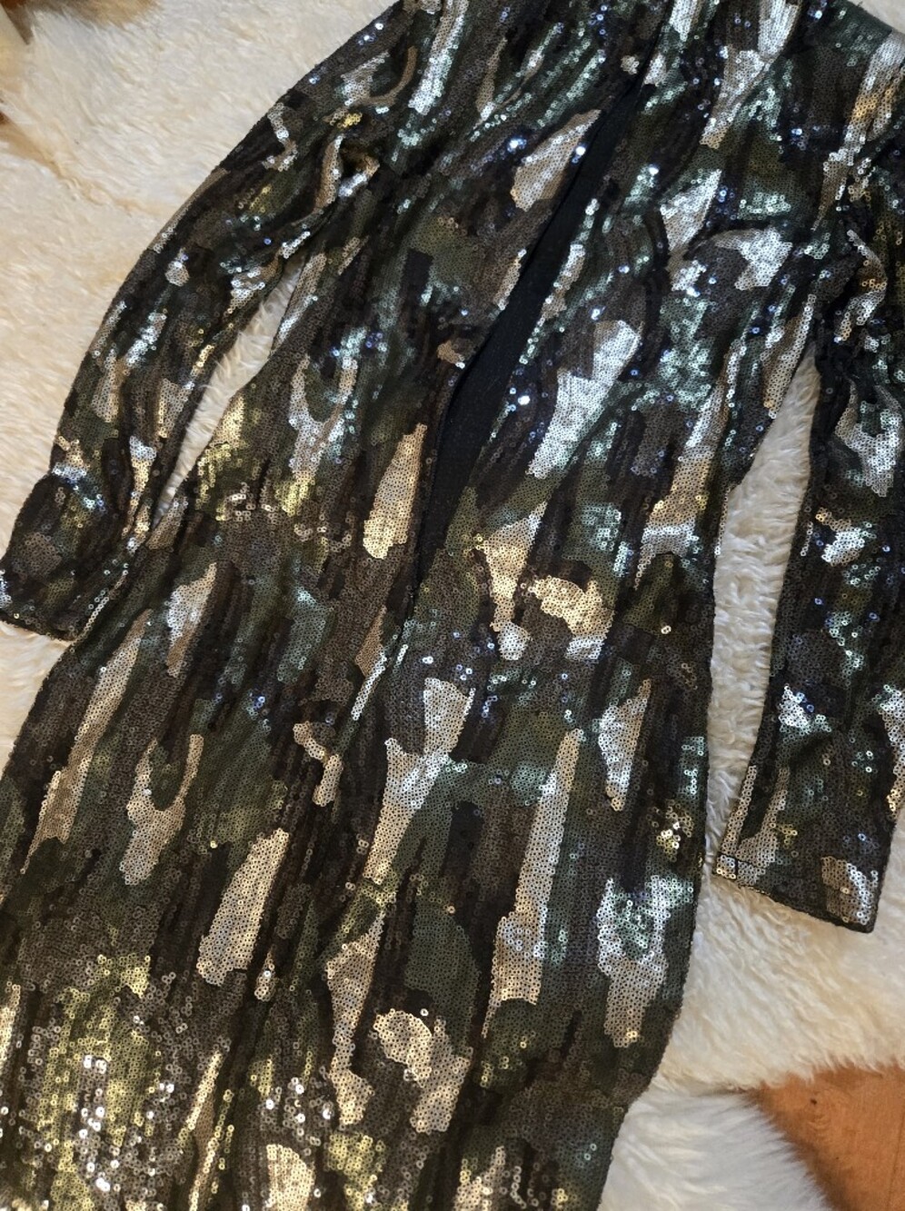 Zara Kahki Sequin Camo Bodycon High Neck Long Sleeve Midi Event Dress Size Small - Picture 13 of 14